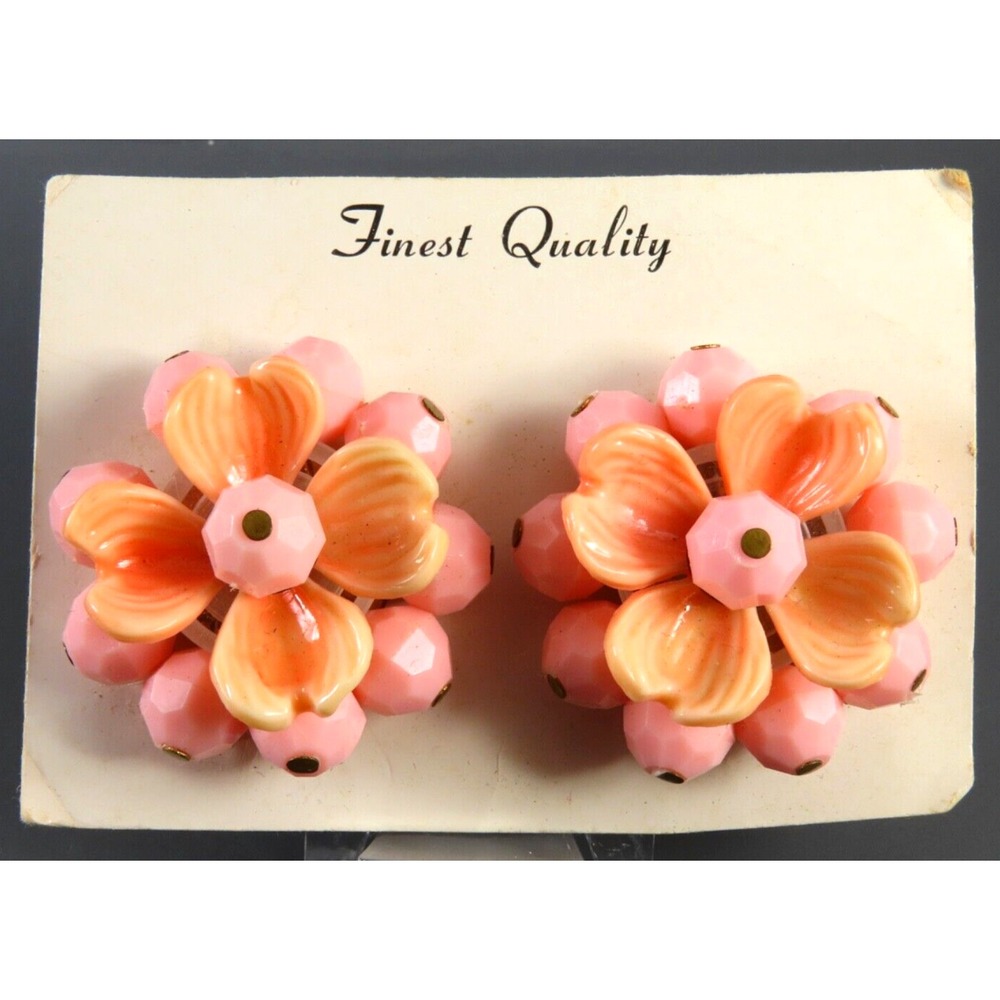 Vintage CLIP-ON EARRINGS Pale Pink & Orange 3D BEADED FLOWERS Brass Nail Heads